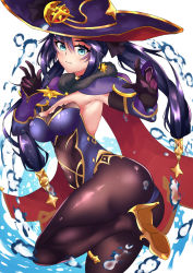 Rule 34 | 1girl, ass, blue eyes, blush, breasts, cape, genshin impact, gloves, hair ornament, hat, high heels, highres, leotard, long hair, looking at viewer, medium breasts, mona (genshin impact), pantyhose, purple hair, purplecat, shiny clothes, shiny skin, solo, thighlet, twintails, very long hair, water
