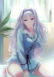 Rule 34 | arm between legs, barefoot, blue hairband, blue pajamas, blunt bangs, choppy bangs, commentary, covering own mouth, curtains, full body, grey hair, hairband, hand over own mouth, highres, idolmaster, idolmaster (classic), indoors, kneeling, long hair, morning, pajamas, polka dot, polka dot pajamas, polka dot shorts, purple eyes, sayuumigi, shijou takane, shorts, very long hair, waking up, yawning