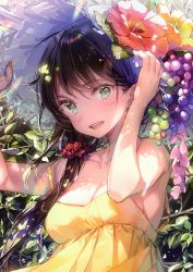 Rule 34 | 1girl, :d, absurdres, aqua eyes, black hair, breasts, bush, cleavage, collarbone, day, dress, dsmile, flower, hair flaps, hair flower, hair ornament, hair over shoulder, hair tie, hands on headwear, hat, hat flower, hat ornament, highres, leaf, long hair, looking at viewer, medium breasts, nail polish, open mouth, original, outdoors, scan, sidelocks, smile, sun hat, sundress, sunlight, teeth, upper body, upper teeth only, wind, yellow dress, yellow nails