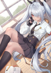 Rule 34 | 1girl, black skirt, black socks, blue archive, breasts, chair, classroom, collared shirt, day, desk, gemini (feng), hair over one eye, hair ribbon, hand up, highres, indoors, iori (blue archive), kneehighs, light particles, long hair, long sleeves, looking at viewer, medium breasts, miniskirt, necktie, on chair, on desk, parted lips, pleated skirt, red eyes, ribbon, school chair, school desk, school uniform, shirt, silver hair, sitting, on desk, skirt, smile, socks, solo, sunlight, thighs, twintails, very long hair, white shirt, window, wing collar