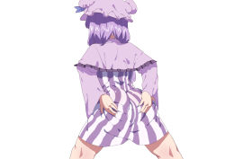Rule 34 | 1girl, ass, ass grab, blue ribbon, capelet, dress, from behind, fuka (kantoku), grabbing own ass, hat, hat ribbon, highres, long sleeves, manatsu no yo no inmu, mob cap, patchouli knowledge, purple hair, ribbon, short dress, simple background, solo, speech bubble, spread legs, striped clothes, striped dress, touhou, vertical-striped clothes, vertical-striped dress, white background, wide sleeves
