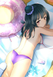Rule 34 | 1girl, ass, bikini, black hair, blurry, blurry foreground, blush, breasts, brown eyes, closed mouth, commentary request, day, depth of field, from above, hair bun, hair ornament, hair scrunchie, highres, innertube, looking at viewer, looking back, looking up, lotion, love live!, love live! sunshine!!, lying, on stomach, outdoors, purple bikini, purple scrunchie, sakasa (guranyto), sand, scrunchie, side bun, single hair bun, single side bun, small breasts, solo, sunscreen, sweat, swim ring, swimsuit, topless, tsushima yoshiko