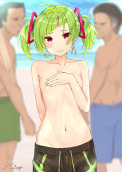 Rule 34 | 1girl, 2boys, ahoge, areola slip, arm behind back, beach, black male swimwear, black swim trunks, blue sky, blurry, blurry background, breasts, closed mouth, cloud, cloudy sky, commission, covering breasts, covering nipples, covering privates, day, delutaya, drawstring, earrings, green hair, green nails, highres, indie virtual youtuber, jewelry, looking at viewer, male swimwear, male swimwear challenge, multicolored male swimwear, multicolored swim trunks, multiple boys, nagi (shunsuke-manage), nail polish, navel, ocean, outdoors, red eyes, sand, signature, sky, small breasts, standing, sweatdrop, swim trunks, swimsuit, topless, triangle earrings, twintails, virtual youtuber
