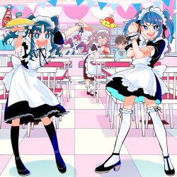 Rule 34 | 1boy, 4girls, alternate costume, alternate hairstyle, apron, arm up, blue eyes, blue hair, brown hair, chair, checkered floor, contrapposto, delicious party precure, enmaided, excited, flats, food, hair ribbon, hanasaki tsubomi, heartcatch precure!, hirogaru sky! precure, in-franchise crossover, ketchup, kneehighs, kurumi erika, lace, lace-trimmed legwear, lace trim, long hair, maid, maid apron, maid headdress, mary janes, multiple girls, nagomi yui, omelet, omurice, open mouth, outstretched arm, pink hair, precure, restaurant, ribbon, shinada takumi, shoes, short hair, skirt, socks, sora harewataru, table, thighhighs, ton (ton39342104), tray, twintails