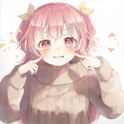 Rule 34 | 1girl, baggy clothes, blush, finger to cheek, grey sweater, hair ornament, highres, index finger raised, long hair, long sleeves, looking at viewer, momoi airi, open mouth, oversized clothes, pink eyes, pink hair, project sekai, shiro noo, simple background, smile, solo, sweater, teeth, triangle, turtleneck, turtleneck sweater, two side up, upper body, white background