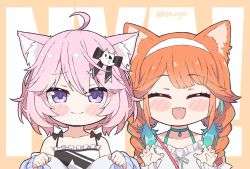 Rule 34 | 2girls, ahoge, animal ear fluff, animal ears, blush, braid, claw pose, clenched hands, closed eyes, closed mouth, commentary, english commentary, english text, ghost hair ornament, green hair, hairband, hands up, hololive, hololive english, kemonomimi mode, kukie-nyan, looking at viewer, multicolored hair, multiple girls, nyatasha nyanners, nyatasha nyanners (1st costume), off-shoulder jacket, off shoulder, open mouth, orange background, orange hair, pink hair, purple eyes, shirt, short hair, simple background, smile, spaghetti strap, streaked hair, takanashi kiara, takanashi kiara (casual), teeth, twin braids, twitter username, upper teeth only, virtual youtuber, vshojo, white hairband, white shirt