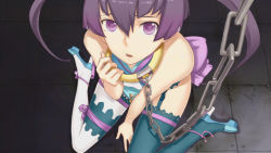 Rule 34 | 1girl, ar tonelico, ar tonelico iii, asymmetrical legwear, bare shoulders, between legs, blue thighhighs, bow, chain, chain leash, chained, collar, finnel (ar tonelico), from above, game cg, garter belt, garter straps, gust, hair between eyes, hand between legs, high heels, indoors, lace, lace-trimmed legwear, lace trim, leash, long hair, looking up, mismatched legwear, multicolored clothes, multicolored legwear, nagi ryou, official art, purple eyes, purple hair, ribbon, shoes, sitting, solo, tears, thighhighs, twintails, viewer holding leash, wariza