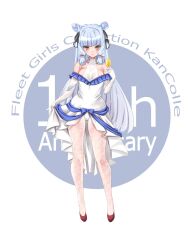 Rule 34 | 1girl, alternate costume, alternate hairstyle, anniversary, bare shoulders, blue hair, blush, breasts, champagne flute, cleavage, clothes lift, collarbone, cup, dress, dress lift, drinking glass, elbow gloves, evening gown, full body, gloves, grey hair, hakkai, highres, kantai collection, light blue hair, long hair, looking at viewer, medium breasts, murakumo (kancolle), orange eyes, pantyhose, sidelocks, smile, solo, thick eyebrows, very long hair