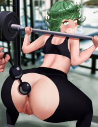Rule 34 | 1girl, anal, anal beads, anal object insertion, anm20, anus, ass cutout, barbell, blush, clenched teeth, clothing cutout, gym, highres, leggings, object insertion, one-punch man, public indecency, sex toy, sex toy pull, sports bra, squatting, sweat, tatsumaki, teeth