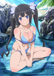Rule 34 | 1girl, absurdres, bare legs, barefoot, beach, bikini, black hair, blue bikini, blue eyes, blue sky, blush, breasts, cleavage, closed mouth, commentary request, day, dungeon ni deai wo motomeru no wa machigatteiru darou ka, full body, hair ribbon, hestia (danmachi), highres, indian style, large breasts, long hair, navel, outdoors, palm tree, rei no himo, ribbon, rock, sitting, sky, smile, solo, stomach, swimsuit, thighs, tree, twintails, wakusei-planet