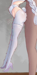 Rule 34 | 1boy, 1girl, absurdres, arched back, azur lane, bar censor, censored, cum, dangling legs, dlinne, ejaculation, fake tail, female ejaculation, from behind, hanging legs, hetero, high heels, highres, le malin (azur lane), le malin (listless lapin) (azur lane), leotard, long hair, navel, pantyhose, penis, playboy bunny, ponytail, pussy juice, quiver, sex, sex from behind, simple background, stomach bulge, tail, thigh strap, trembling, twintails, very long hair, white hair, white pantyhose