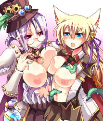 Rule 34 | 2girls, animal ears, armor, bell, between breasts, black neckwear, black skirt, blonde hair, blue eyes, blush, breasts, breasts out, cape, closed mouth, clothes lift, collared shirt, commentary request, cowboy shot, emon-yu, flask, gears, genetic (ragnarok online), glasses, hair bell, hair between eyes, hair ornament, hair ribbon, hat, jacket, jingle bell, large breasts, living clothes, long hair, looking at another, medium breasts, medium hair, multiple girls, navel, necktie, necktie between breasts, nipples, open mouth, pauldrons, purple hair, purple ribbon, ragnarok online, red cape, red eyes, red shirt, ribbon, round-bottom flask, shirt, shirt lift, shoulder armor, skirt, smile, teeth, tentacles, top hat, white jacket