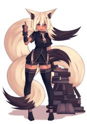 Rule 34 | 1girl, absurdres, animal ear fluff, animal ears, bike shorts, black thighhighs, blonde hair, blush, book, book stack, breasts, brown theme, dark-skinned female, dark skin, fingerless gloves, fox ears, fox tail, full body, gloves, highres, holding, holding pen, large breasts, looking at viewer, narrowed eyes, necktie, open mouth, original, pen, red eyes, short hair, smile, solo, standing, sub-res, tail, tan, thighhighs, transparent background, tsurime