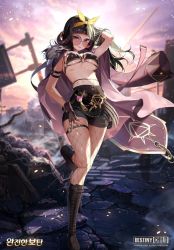 Rule 34 | black bra, black hair, boots, bra, breasts, coat, coat on shoulders, destiny child, fingerless gloves, fishnets, glasses, gloves, hair ribbon, hand in own hair, highres, horns, knee boots, large breasts, looking at viewer, midriff, ribbon, road, road sign, shorts, sign, street, underwear, wodan (destiny child)