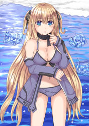 Rule 34 | 1girl, bare shoulders, black ribbon, blonde hair, blue eyes, blue sleeves, breasts, cleavage, collarbone, commentary request, cube, detached sleeves, finger to mouth, hair between eyes, hair ribbon, long hair, long sleeves, looking at viewer, medium breasts, navel, original, parted lips, ribbon, sleeves past wrists, solo, standing, tukino neru, two side up, very long hair, water