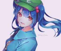 Rule 34 | 1girl, alternate eye color, artist name, blue hair, blue jacket, breasts, commentary request, green hat, hair between eyes, hair bobbles, hair ornament, hat, highres, jacket, kawashiro nitori, key, looking at viewer, medium breasts, open mouth, pink eyes, purple background, shometsu-kei no teruru, simple background, smile, solo, touhou, twintails, twitter username, upper body