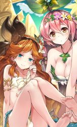 Rule 34 | 10s, 2girls, armlet, bandeau, bare legs, barefoot, bikini, blue eyes, breasts, brown eyes, cleavage, closed mouth, flower, front-tie bikini top, front-tie top, granblue fantasy, hair between eyes, hair flower, hair ornament, hairband, jewelry, kneeling, large breasts, leaning forward, long hair, monster girl, multiple girls, necklace, orange hair, pink hair, plant girl, pointy ears, sara (granblue fantasy), sitting, small breasts, smile, soles, super zombie, swimsuit, toes, yggdrasill (granblue fantasy)