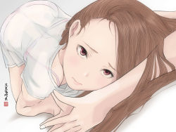 Rule 34 | 1girl, all fours, bed, blouse, brown hair, cloritin, close-up, eyelashes, hairband, idolmaster, idolmaster (classic), leaning forward, long hair, looking at viewer, minase iori, own hands together, pov, realistic, red eyes, see-through, shirt, solo, top-down bottom-up, wet, wet clothes, wet shirt, white shirt