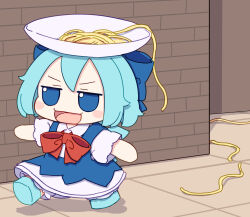 Rule 34 | 1girl, blue bow, blue dress, blue eyes, blue footwear, blue hair, blush stickers, bow, cirno, collared shirt, dress, fairy, food, full body, fumo (doll), hair bow, highres, ice, ice wings, kame (kamepan44231), open mouth, pasta, plate, shirt, shoes, short hair, short sleeves, smile, solo, touhou, white shirt, wings