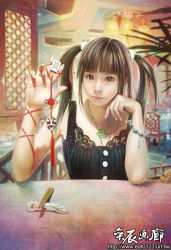 Rule 34 | 1girl, board game, bracelet, brown eyes, brown hair, chopsticks, eat, eat0123, holding, holding mahjong tile, jewelry, mahjong, mahjong tile, necklace, original, photorealistic, realistic, ribbon, solo, twintails