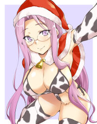 1girl animal_print bell bikini blush breasts capelet cleavage cow_print cow_print_bikini cow_print_thighhighs fate/hollow_ataraxia fate/stay_night fate_(series) fur-trimmed_capelet fur_trim glasses hat large_breasts long_hair medusa_(fate) medusa_(rider)_(fate) neck_bell print_bikini print_thighhighs purple_eyes purple_hair santa_hat smile solo swimsuit thighhighs very_long_hair zanku