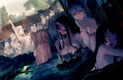 Rule 34 | 10s, 6+girls, abyssal ship, air defense princess, aircraft carrier oni, aircraft carrier water oni, airfield princess, alcohol, anchorage water oni, arm up, armpits, back, bathing, battleship princess, battleship water oni, black hair, blush, breast tattoo, breasts, character request, choko (cup), closed mouth, collarbone, completely nude, covering privates, cup, dutch angle, escort princess, floating, hair between eyes, hair censor, hand on own chin, hand on own knee, head rest, horns, kantai collection, knees to chest, large breasts, light cruiser oni, long hair, looking at viewer, medium breasts, midway princess, multiple girls, naked towel, navel, northern ocean princess, nude, nude cover, one eye closed, onsen, open mouth, outdoors, parted bangs, partially submerged, red eyes, rock, ru-class battleship, sake, same-sex bathing, seaport princess, shared bathing, side ponytail, single horn, sitting, smile, standing, ta-class battleship, tattoo, tokkuri, towel, tree, twintails, wading, walzrj, white hair, yellow eyes
