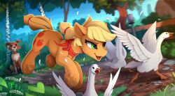 Rule 34 | applejack, bird, blonde hair, dog, feathered wings, goose, green eyes, highres, my little pony, my little pony: friendship is magic, no humans, open mouth, outdoors, pony (animal), tree, wings, winona (my little pony), yakovlev-vad
