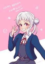 Rule 34 | 1girl, arashi chisato, artist name, artist request, belt, blue cardigan, blue jacket, blush, bow, bowtie, breasts, buttons, cardigan, collared shirt, cropped jacket, double bun, dress, dress shirt, female focus, floating hair, grey belt, grey shirt, grey skirt, hair bun, hair tie, highres, jacket, long hair, long sleeves, looking at viewer, love live!, love live! superstar!!, miniskirt, nail, nail polish, neck ribbon, o-ring, o-ring belt, ok sign, parted lips, pink background, pink nails, plaid, plaid skirt, pleated, pleated skirt, red bow, red eyes, red ribbon, ribbon, school uniform, shirt, skirt, small breasts, smile, solo, teeth, twintails, wavy hair, white background, white hair, white shirt, wing collar, yuigaoka school uniform