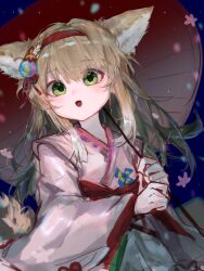 Rule 34 | 1girl, :d, animal ears, arknights, brown hair, commentary request, cunkoudezhanghuiji, flower, fox ears, fox girl, fox tail, green eyes, hair between eyes, hair flower, hair ornament, hairband, highres, holding, holding umbrella, japanese clothes, kimono, long hair, long sleeves, looking at viewer, oil-paper umbrella, open mouth, pink kimono, red hairband, red umbrella, smile, solo, suzuran (arknights), suzuran (yukibare) (arknights), tail, umbrella, white flower, wide sleeves