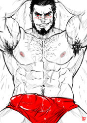 Rule 34 | 1boy, abs, absolum art, armpit hair, armpits, arms behind head, bandaid, bandaid on face, bara, bare pectorals, black hair, blush, body hair, borrowed character, boxers, bulge, chest hair, erection, erection under clothes, facial hair, goatee, highres, large pectorals, male focus, male underwear, manly, muscular, navel, nipples, original, partially colored, pectorals, red eyes, short hair, sideburns, sketch, smirk, solo, thick thighs, thighs, tsukasa matsuzaki, underwear, underwear only