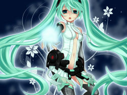 Rule 34 | 1girl, breasts, bridal gauntlets, female focus, flower, gradient background, green eyes, green hair, hatsune miku, hatsune miku (append), highres, long hair, matching hair/eyes, navel, necktie, solo, thighhighs, twintails, very long hair, vocaloid, vocaloid append, yayoi (egoistic realism)