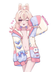 1girl absurdres ahoge animal_ears artist_name bow coat collarbone heart highres long_hair multicolored_coat navel one_eye_closed open_clothes open_coat open_mouth phase_connect pink_bow pink_coat pink_eyes pipkin_pippa purple_bow purple_coat rabbit_ears rabbit_girl sleeves_past_fingers sleeves_past_wrists solo striped_coat underwear victarionsc virtual_youtuber