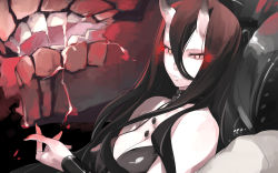 Rule 34 | 10s, 1girl, abyssal ship, bare shoulders, battleship princess, black dress, black hair, breasts, cleavage, colored skin, covered erect nipples, dress, female focus, fingernails, glowing, glowing eyes, hair between eyes, highres, horns, kantai collection, large breasts, long fingernails, long hair, looking away, looking to the side, meranie, monster, red eyes, skin-covered horns, solo, upper body, white skin
