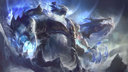 Rule 34 | 1boy, 2others, absurdres, armor, artist name, aurelion sol (league of legends), bear, blurry, blurry foreground, braid, claws, dragon, eastern dragon, from below, giant, glowing, glowing eyes, helmet, highres, league of legends, mountain, multiple others, open mouth, volibear, white eyes, white fur, wutu (1183238220)