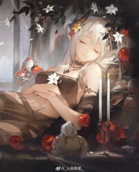 Rule 34 | 1girl, absurdres, apple, arknights, bare shoulders, bikini, black bikini, black choker, black horns, breasts, candle, candlestand, chinese commentary, choker, closed eyes, closed mouth, facing viewer, flower, food, fruit, hair flower, hair ornament, hands on own stomach, highres, horns, jewelry, leaf, light smile, long hair, midriff, mudrock (arknights), mudrock (silent night) (arknights), pendant, petals, pointy ears, reclining, renjian shilian, sidelocks, sleeping, small breasts, solo, swimsuit, weibo logo, weibo watermark, white flower, white hair