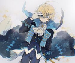 Rule 34 | 1boy, ahoge, ascot, bacheally, black jacket, black pants, black vest, blonde hair, blue eyes, closed mouth, coat, collared shirt, cowboy shot, glasses, gloves, hair between eyes, hand on own forehead, hand up, high collar, highres, jacket, jewelry, long sleeves, looking at viewer, male focus, original, pants, shirt, short hair, sketch, solo, upper body, vest, white ascot, white background, white gloves, white shirt