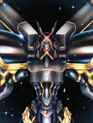 Rule 34 | absurdres, alphamon, armor, cape, digicore, digimon, highres, looking at viewer, solo, sparkle, yellow eyes