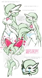 Rule 34 | 2girls, ass, bespectacled, blue panties, blue striped panties, blush, breast hold, breasts, buck teeth, butt crack, clothed pokemon, creatures (company), crossed legs, dress, english text, frown, game freak, gardevoir, gen 3 pokemon, glasses, hair over one eye, jealous, kirlia, large breasts, looking back, multiple girls, narrow waist, navel, nintendo, open clothes, open mouth, open shirt, panties, personification, pokemon, pokemon (creature), red eyes, semi-rimless eyewear, shirt, simple background, slugbox, standing, striped clothes, striped panties, tears, teeth, thighs, under-rim eyewear, underwear, white background, wide hips
