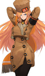 Rule 34 | 1girl, absurdres, armband, arms behind head, blonde hair, blue eyes, buttons, capelet, coat, fingerless gloves, fur hat, gloves, guilty gear, guilty gear strive, hair over one eye, hat, high collar, highres, license plate, long hair, looking at viewer, millia rage, pantyhose, sanj, simple background, solo, ushanka, very long hair, white background