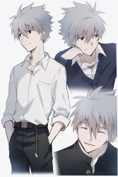 Rule 34 | 11kkr, 1boy, belt, black coat, black pants, blush, closed mouth, coat, hand in pocket, hand on own cheek, hand on own face, highres, looking to the side, multiple views, nagisa kaworu, neon genesis evangelion, open mouth, pants, red eyes, shirt, short hair, simple background, smile, standing, white background, white hair, white shirt