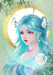 Rule 34 | 1girl, absurdres, bare shoulders, blue eyes, blue hair, braid, bug, butterfly, circle, douluo dalu, dress, earrings, flower, from side, hair flower, hair ornament, hair rings, highres, insect, jewelry, leaf, long hair, moyan ren buzhi wde, parted lips, solo, tang wutong (douluo dalu), teeth, upper body