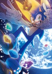 Rule 34 | 1boy, absurdres, cape, chaos emerald, commentary request, crown, earth (planet), furry, furry male, gloves, green eyes, grin, highres, index finger raised, korean commentary, male focus, nisibo25, planet, red cape, shoes, smile, solo, sonic (series), sonic the hedgehog, space, super sonic, v, white gloves
