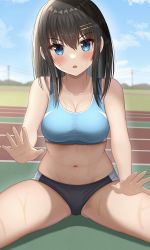Rule 34 | 1girl, absurdres, bad id, bad pixiv id, bare arms, bare shoulders, black buruma, black hair, blue eyes, blue sports bra, borrowed character, breasts, buruma, cleavage, collarbone, crop top, day, hair ornament, hairclip, highres, hisui (user zvkr2432), long hair, looking at viewer, medium breasts, midriff, navel, open mouth, original, outdoors, sitting, sleeveless, solo, sports bra, spread legs, stomach, sweat, thighs, track and field, track uniform, tsubasa (kureha), v-shaped eyebrows