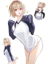 1girl arcueid_brunestud blonde_hair bottomless breasts female_focus highres large_breasts long_sleeve_shirt medium_hair no_panties ponytail red_eyes simple_background sunglasses thighs tsukihime tsukihime_(remake) type-moon vampire white_background yotsutsu428