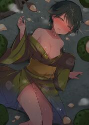 Rule 34 | 1girl, aftersex, black hair, blush, breasts, cleavage, condom, cum, cum on clothes, cum on hair, green eyes, green kimono, half-closed eyes, japanese clothes, kantai collection, kimono, looking at viewer, lying, medium breasts, mogami (kancolle), nose blush, obi, off shoulder, official alternate costume, on side, parted lips, pumpkin, saliva, sash, shin (new), short hair, solo, used condom, wide sleeves