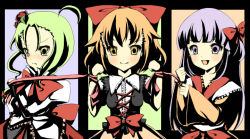 Rule 34 | 3girls, :d, black dress, blush, bow, bowtie, breasts, capelet, cleavage, dress, frills, green eyes, green hair, long sleeves, looking at viewer, multiple girls, open mouth, orange hair, original, purple eyes, purple hair, red bow, red bowtie, ribbon, smile, toda ayu, upper body, yellow eyes