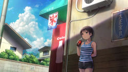 Rule 34 | 1girl, against wall, air conditioner, arm behind back, arm up, black shorts, blue sky, bottle, brick wall, brown eyes, brown hair, cloud, cola, cowboy shot, day, hashi, head tilt, holding, holding bottle, house, kooribata, light smile, looking away, original, outdoors, pole, shadow, shirt, short hair, shorts, sign, sky, sleeveless, sleeveless shirt, solo, standing, striped clothes, striped shirt, summer, tank top, topiary, town, vending machine