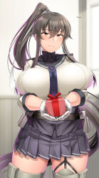 Rule 34 | 1girl, artist name, belt, black hair, black sailor collar, breasts, commentary request, gloves, gluteal fold, highres, huge breasts, indoors, kantai collection, long hair, looking at viewer, necktie, orange eyes, pleated skirt, ponytail, sailor collar, saizu nitou gunsou, school uniform, scrunchie, serafuku, sidelocks, skirt, smile, solo, standing, thick thighs, thighlet, thighs, twitter username, very long hair, white day, white scrunchie, yahagi (kancolle), yahagi kai ni (kancolle)