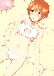 Rule 34 | 10s, 1girl, bed sheet, bell, neck bell, blush, cat cutout, cat ear panties, cat lingerie, cleavage cutout, clothing cutout, collar, commentary request, frilled pillow, frills, groin, highres, hoshizora rin, jingle bell, ksk (semicha keisuke), love live!, love live! school idol project, lying, meme attire, navel, on back, orange hair, outstretched hand, panties, pillow, sheet grab, short hair, side-tie panties, solo, stomach, underwear, underwear only, yellow eyes