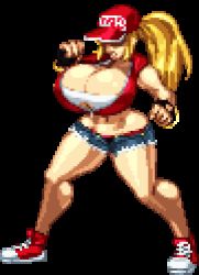 Rule 34 | 1girl, animated, animated gif, baseball cap, blonde hair, bouncing breasts, breasts, cleavage, curvy, cutoffs, denim, denim shorts, fatal fury, full body, genderswap, genderswap (mtf), hat, high ponytail, huge breasts, lowres, midriff, pixel art, ponytail, red footwear, shoes, short shorts, shorts, sneakers, snk, snk heroines: tag team frenzy, solo, standing, terry bogard, the king of fighters, thick thighs, thighs, transparent background